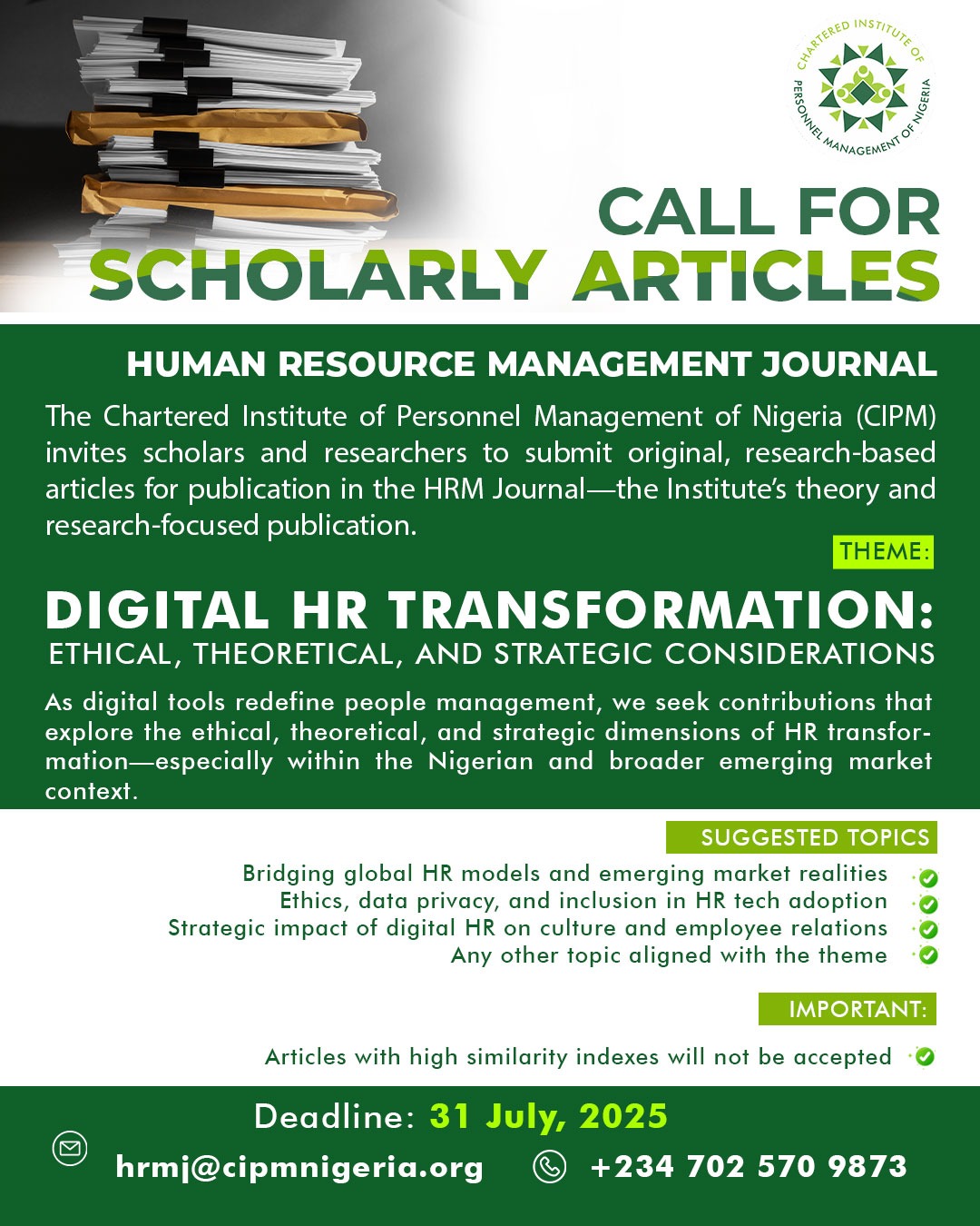 CALL FOR SCHOLARLY ARTICLES